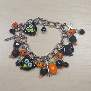 Art Glass Charm Halloween Cat Cross Bracelet Lampwork Beaded Chunky Silver Tone